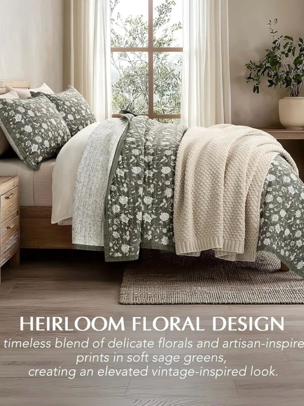 Green Floral Cotton Quilt Set - Classic Home Bedding